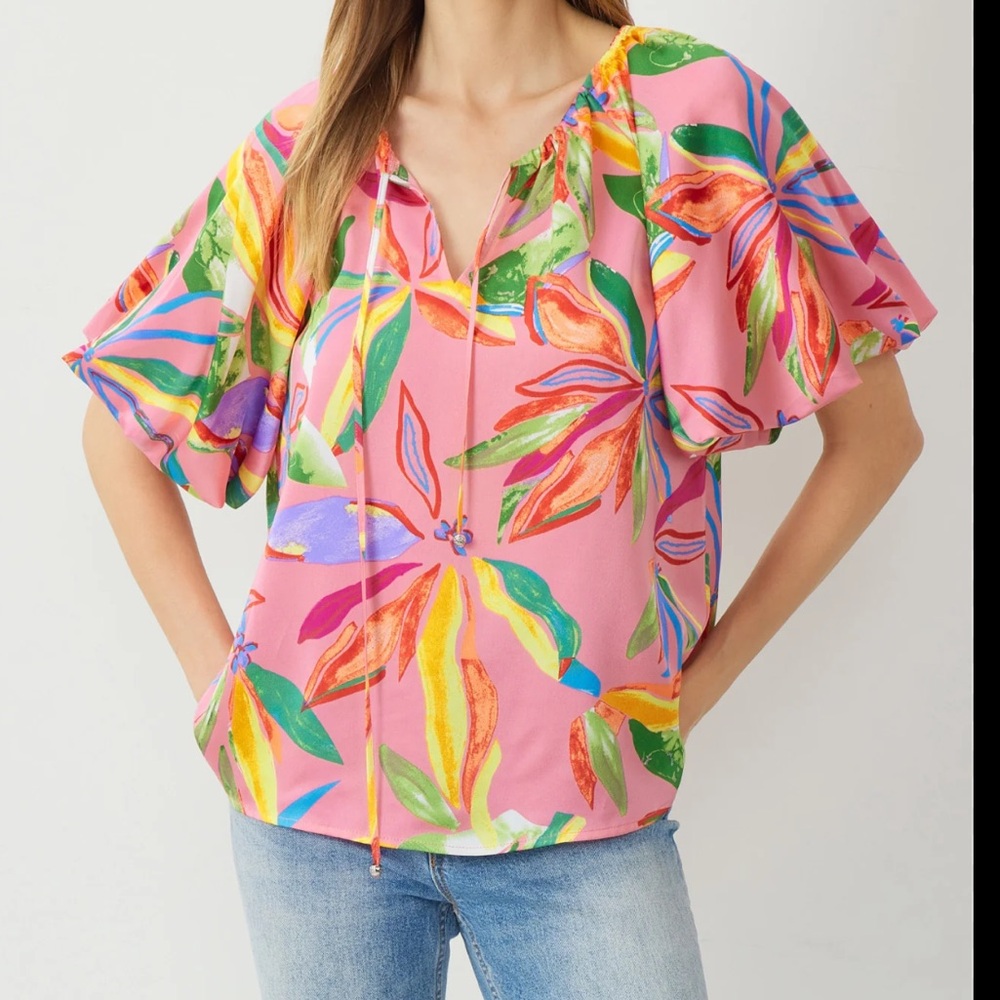 Entro Bubble Sleeve Tropical Tie-Front Shirt